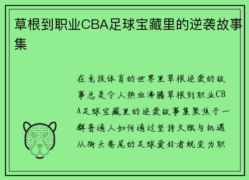 草根到职业CBA足球宝藏里的逆袭故事集