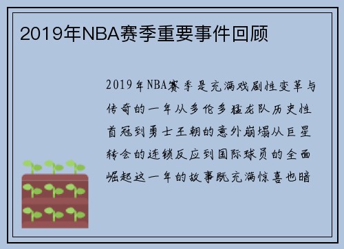 2019年NBA赛季重要事件回顾