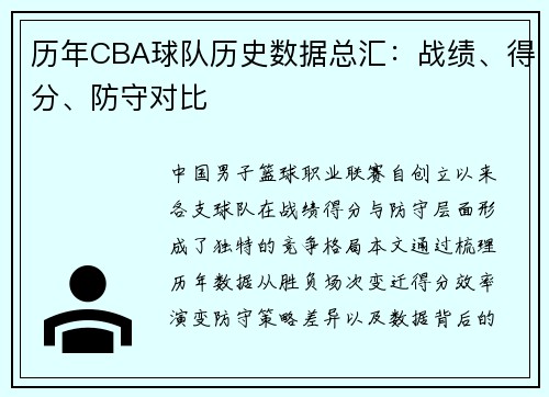 历年CBA球队历史数据总汇：战绩、得分、防守对比